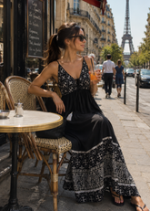 V Neck Embroidery  Work Boho Printed Maxi Dress- Midnight Muse