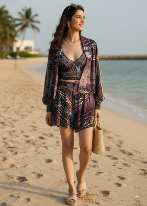 Puff Sleeves Kimono and Shorts Coordinate Set (3 Piece)- Twilight Totem