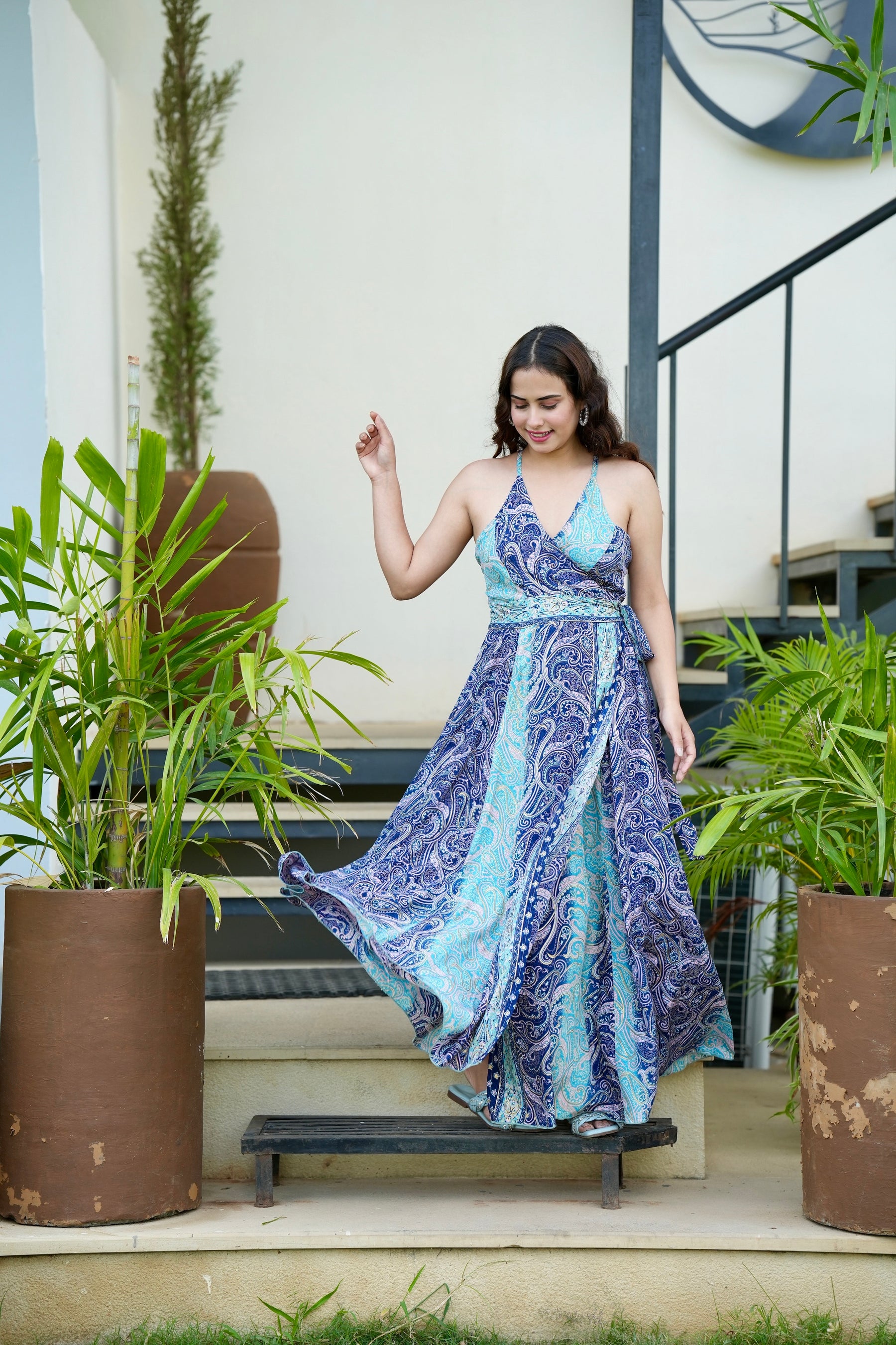 Wrap Around Boho Printed Mai Dress -Azure Waves Fusion