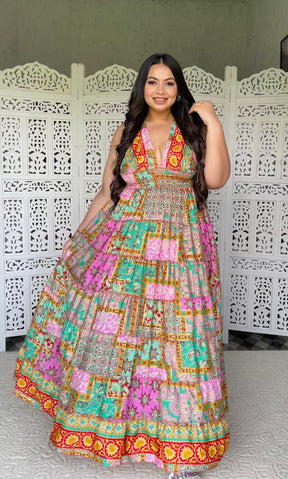 Halter Neck Multi Panel Boho printed Maxi Dress - Rainbow Rhythm