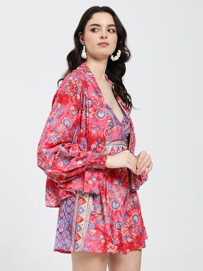 Puff Sleeves Kimono and Shorts Coordinate Set (3 Piece)- Pink Potion