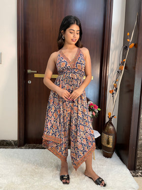 Backless Boho Printed Jumpsuit- Blue