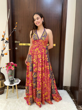 Halter Neck Multi Panel Boho printed Maxi Dress In Red and Blue