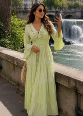 Embroidery Hand Work Bell Sleeves Maxi Dress - Lime Élan