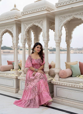 Elasticated Bust Boho Printed Maxi Dress - Pink