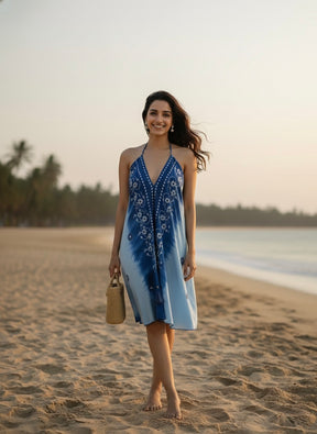 Embroidery work Short Tie Back Backless Maxi Dress - Ocean Bloom