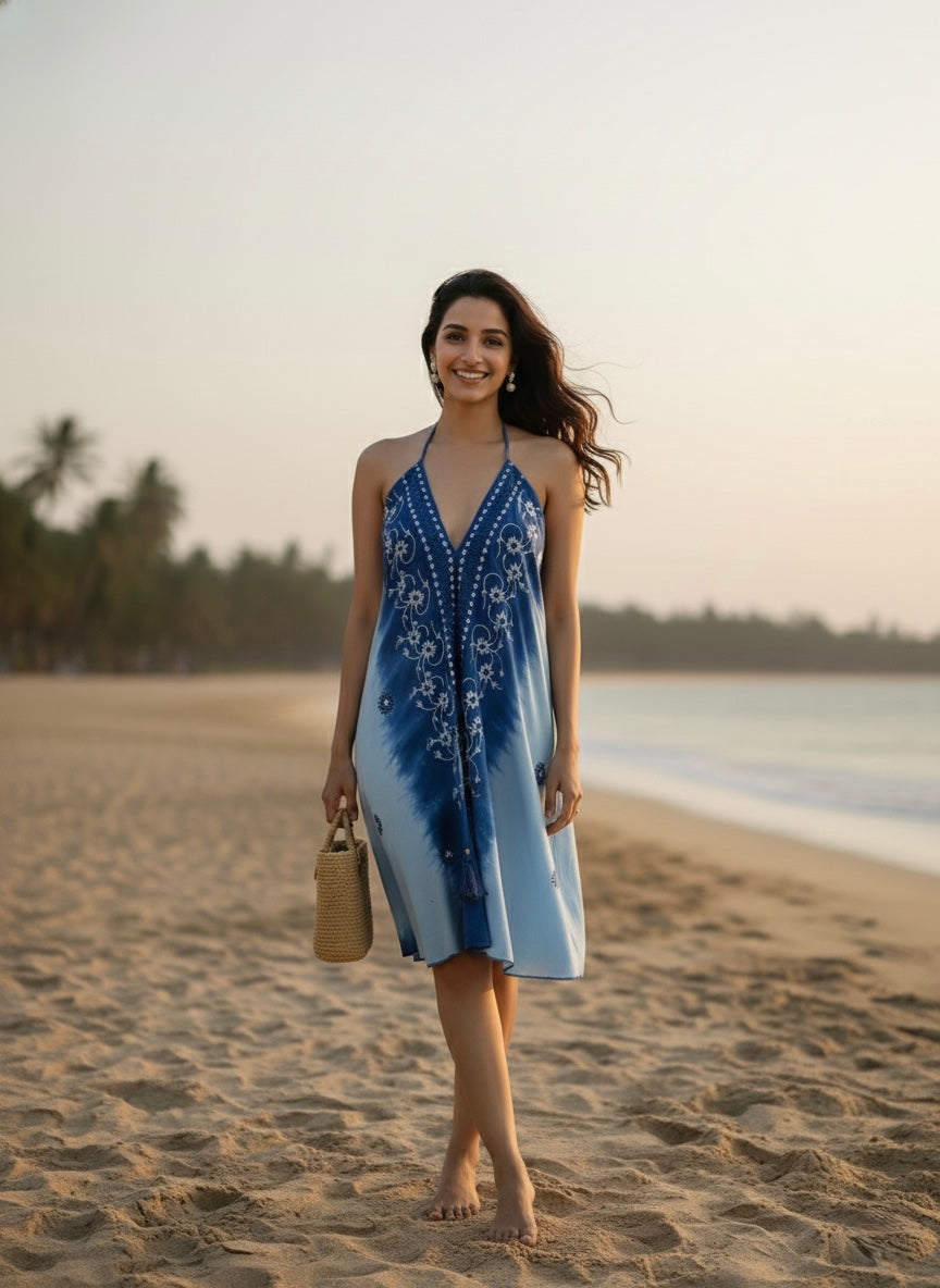 Embroidery work Short Tie Back Backless Maxi Dress - Ocean Bloom