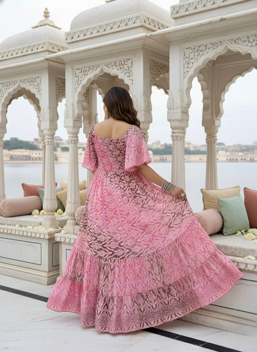 Elasticated Bust Boho Printed Maxi Dress - Pink