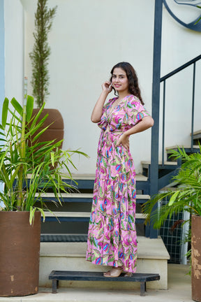Tie front ruffle hem gold(foil) print featured maxi dress- Candyfloss Smisingbee