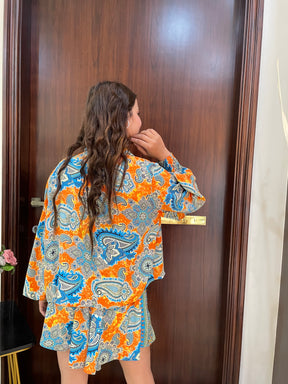 Puff Sleeves Kimono and Shorts Coordinate Set (3 Piece)-  Citrus Skyline SmisingbBee