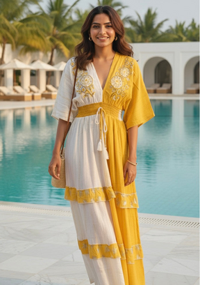 Two Shade Hand Embroidered Kaftan Maxi Dress - Yellow