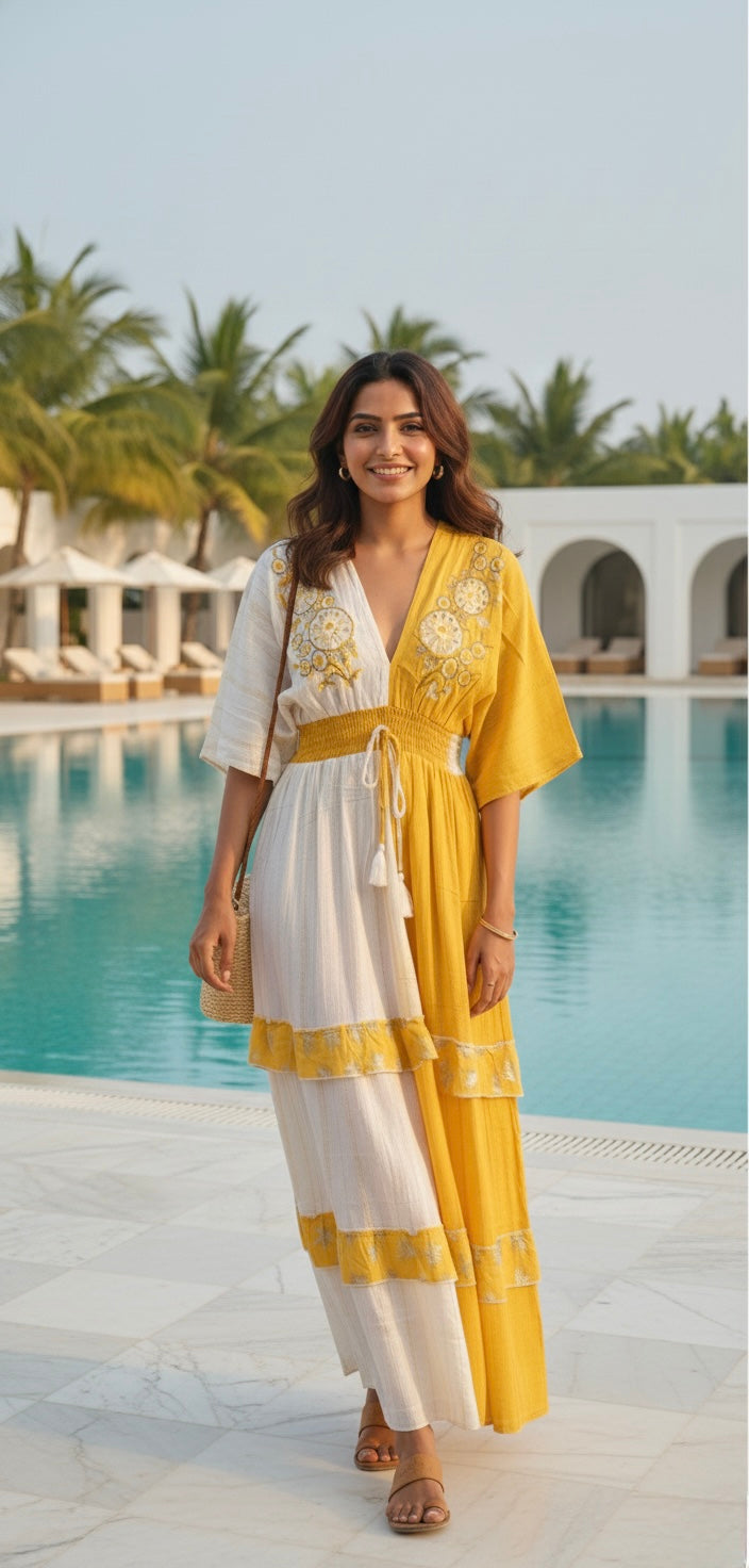 Two Shade Hand Embroidered Kaftan Maxi Dress - Yellow
