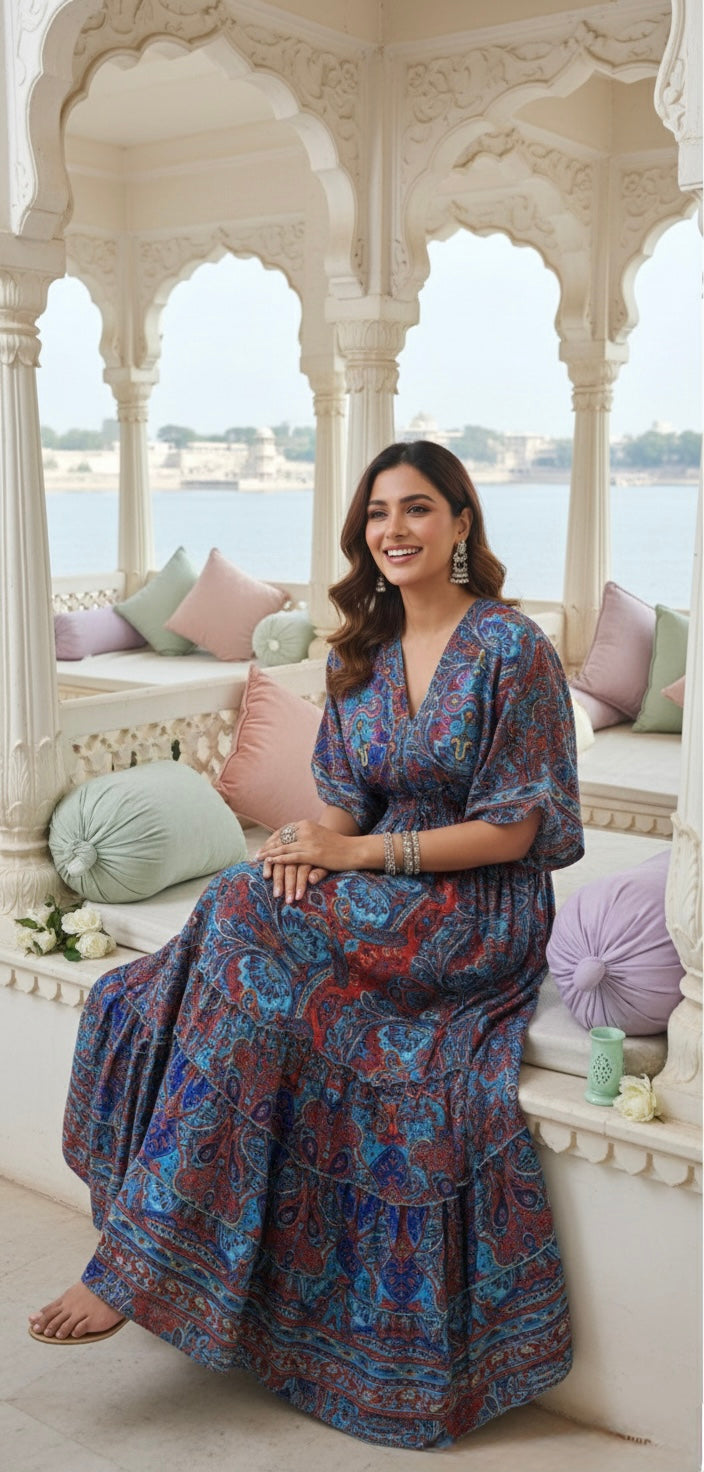 🔥Trending - Blue Bloom Light Kaftan Maxi Dress