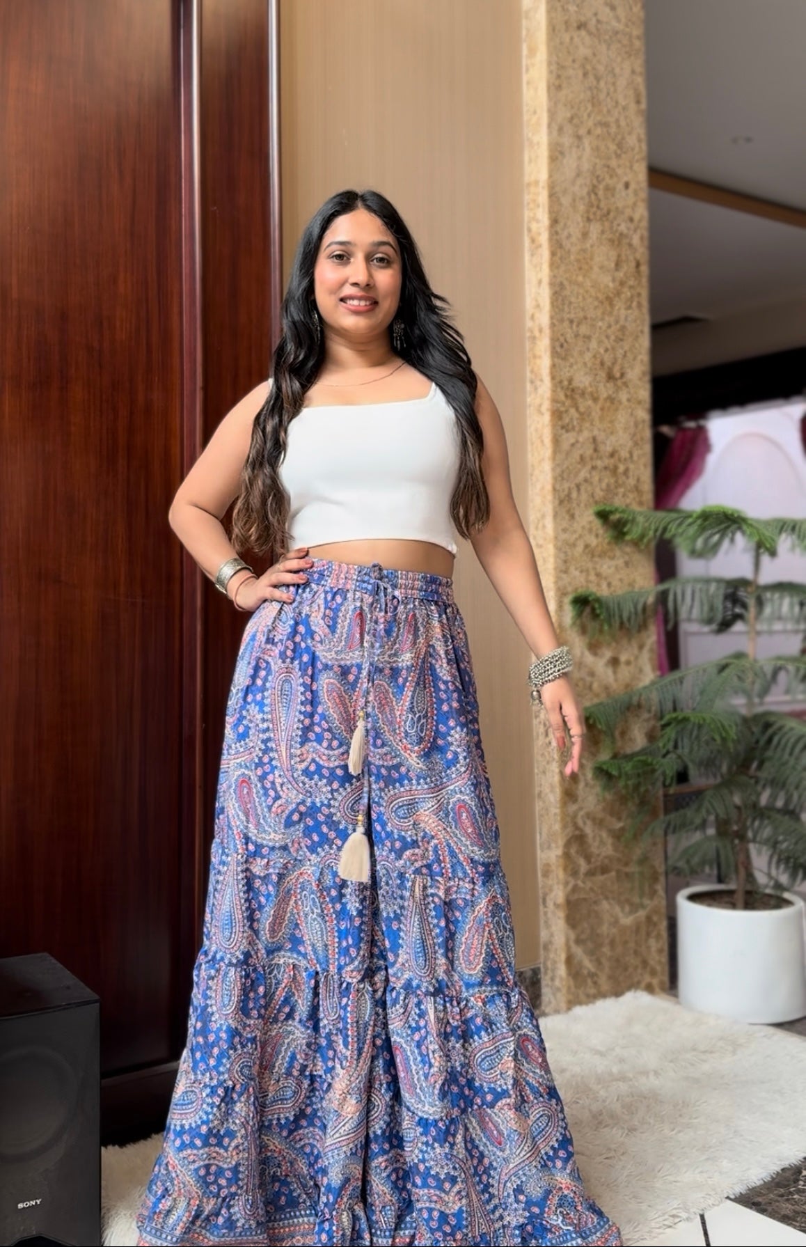 Ruffle Panel Boho Printed Palazzo - Blue