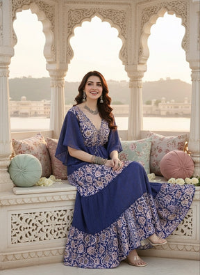 Boho Printed Embroidery Hand Work Butterfly sleeves maxi dress in Boheme Royale