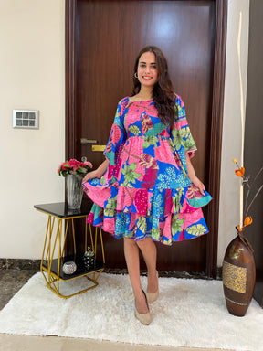 Elasticated Bust Bell Sleeves Boho Printed Short Dress - Blue