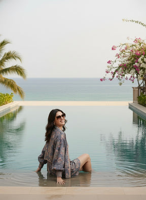 Puff Sleeves Kimono and Shorts Coordinate Set (3 Piece)- Grey Gardenia