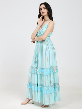 V Neck Embroidery Hand Work Boho Printed Maxi Dress- Bluebell Dusk