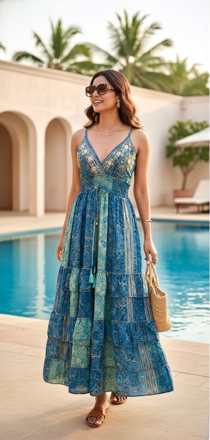 🔥Trending - Two-Shade Azure Boho Maxi Dress