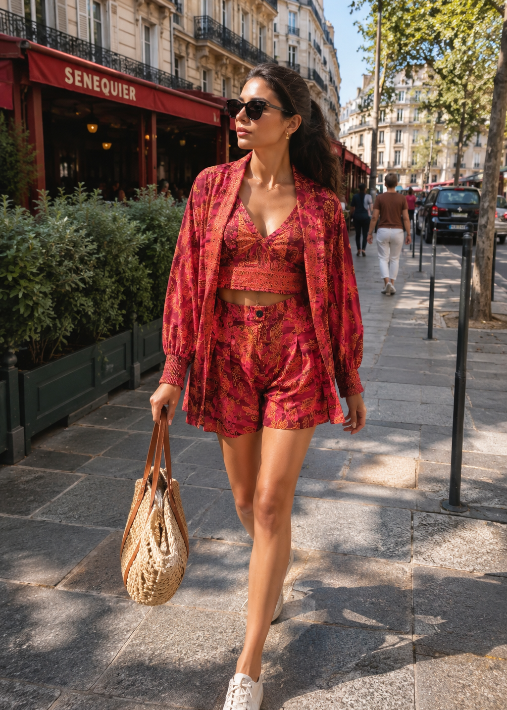 Puff Sleeves Kimono and Shorts Coordinate Set (3 Piece)-     Bohemian Sunset