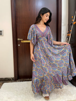 Deep V neck gold (foil) print featured boho maxi dress-Smisingbee