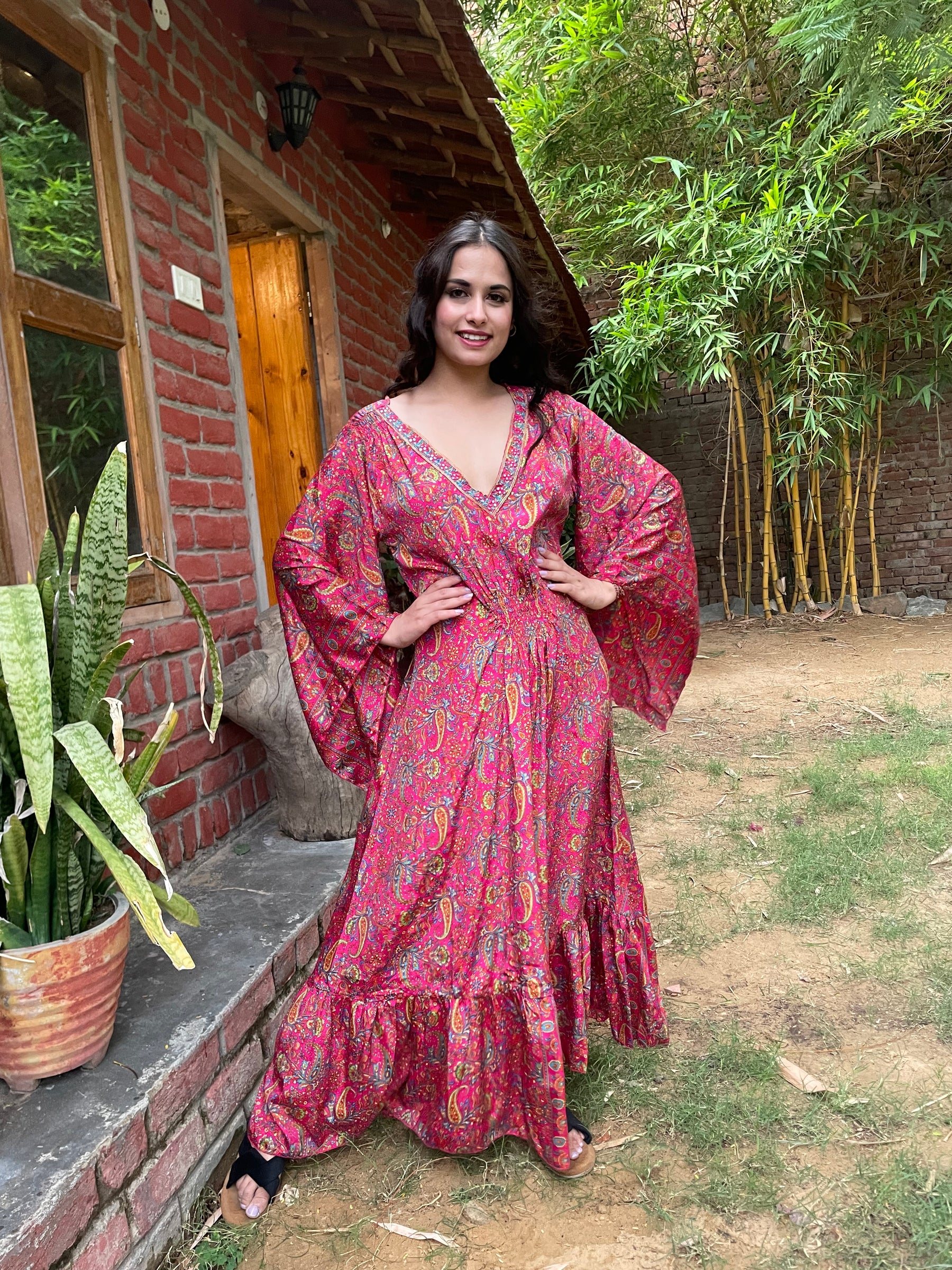 Embroidery Neckline Boho Printed Maxi Dress