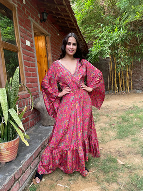 Embroidery Neckline Boho Printed Maxi Dress