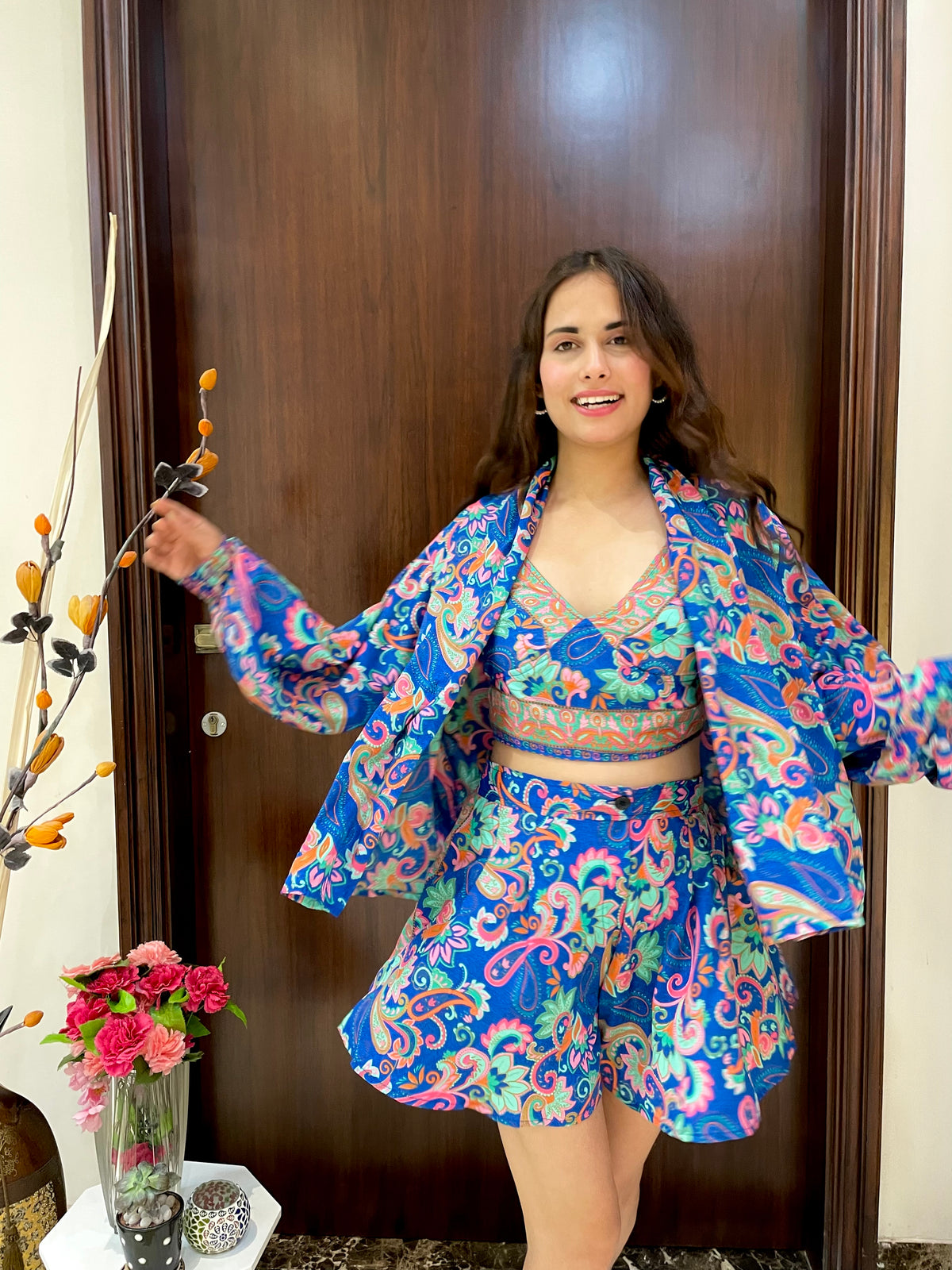 Puff Sleeves Kimono and Shorts Coordinate Set (3 Piece)- Blue