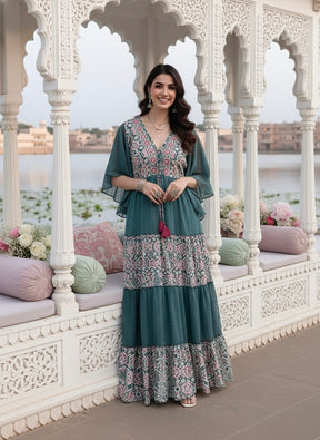 Boho Printed Embroidery Hand Work Butterfly sleeves maxi dress in Mystic Meadow