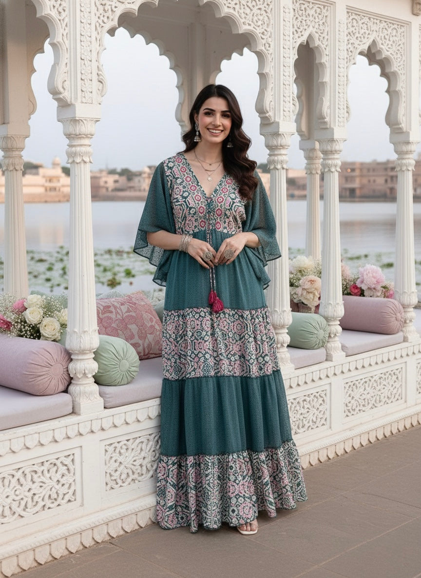Boho Printed Embroidery Hand Work Butterfly sleeves maxi dress in Mystic Meadow