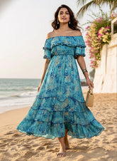 Off- Shoulder Tiered Maxi Dress in Turquoise Radiant