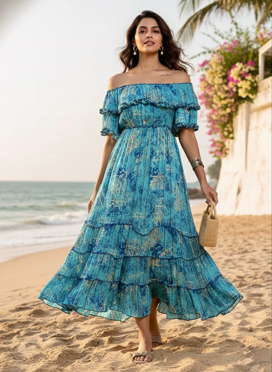 Off- Shoulder Tiered Maxi Dress in Turquoise Radiant