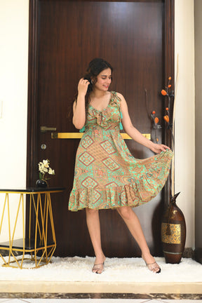 Frilled Flair Boho Printed Short Dress- Leafy Luxe SmisingBee
