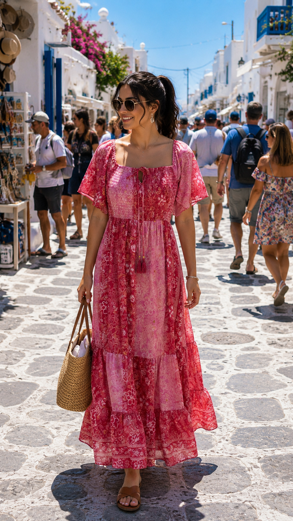 Elasticated Bust Boho Printed Maxi Dress -Pink Lagoon Luxe