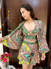 Puff Sleeves Kimono and Shorts Coordinate Set (3 Piece)- Green