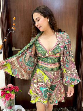Puff Sleeves Kimono and Shorts Coordinate Set (3 Piece)- Green