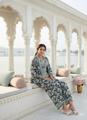 Boho Printed Bell Sleeves Kimono Coordinate Set - Blue Mirage