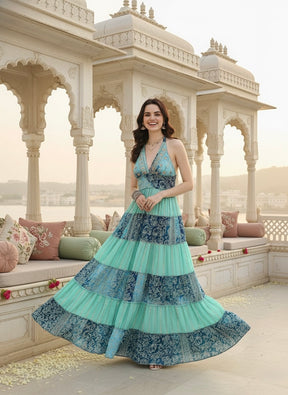 Halter Neck Multi Panel Embroidery Hand Work Boho printed Maxi Dress in Turquoise Trails