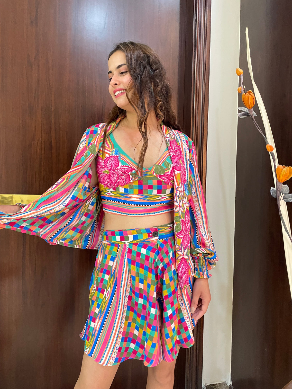 Puff Sleeves Kimono and Shorts Coordinate Set (3 Piece)-  PrismPalette SmisingBee