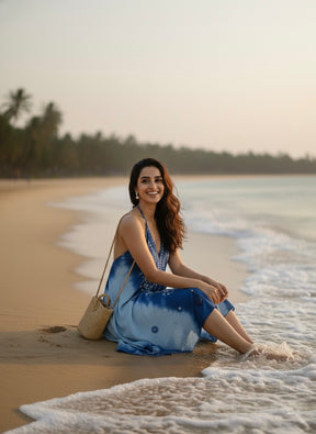 Embroidery work Short Tie Back Backless Maxi Dress - Ocean Bloom