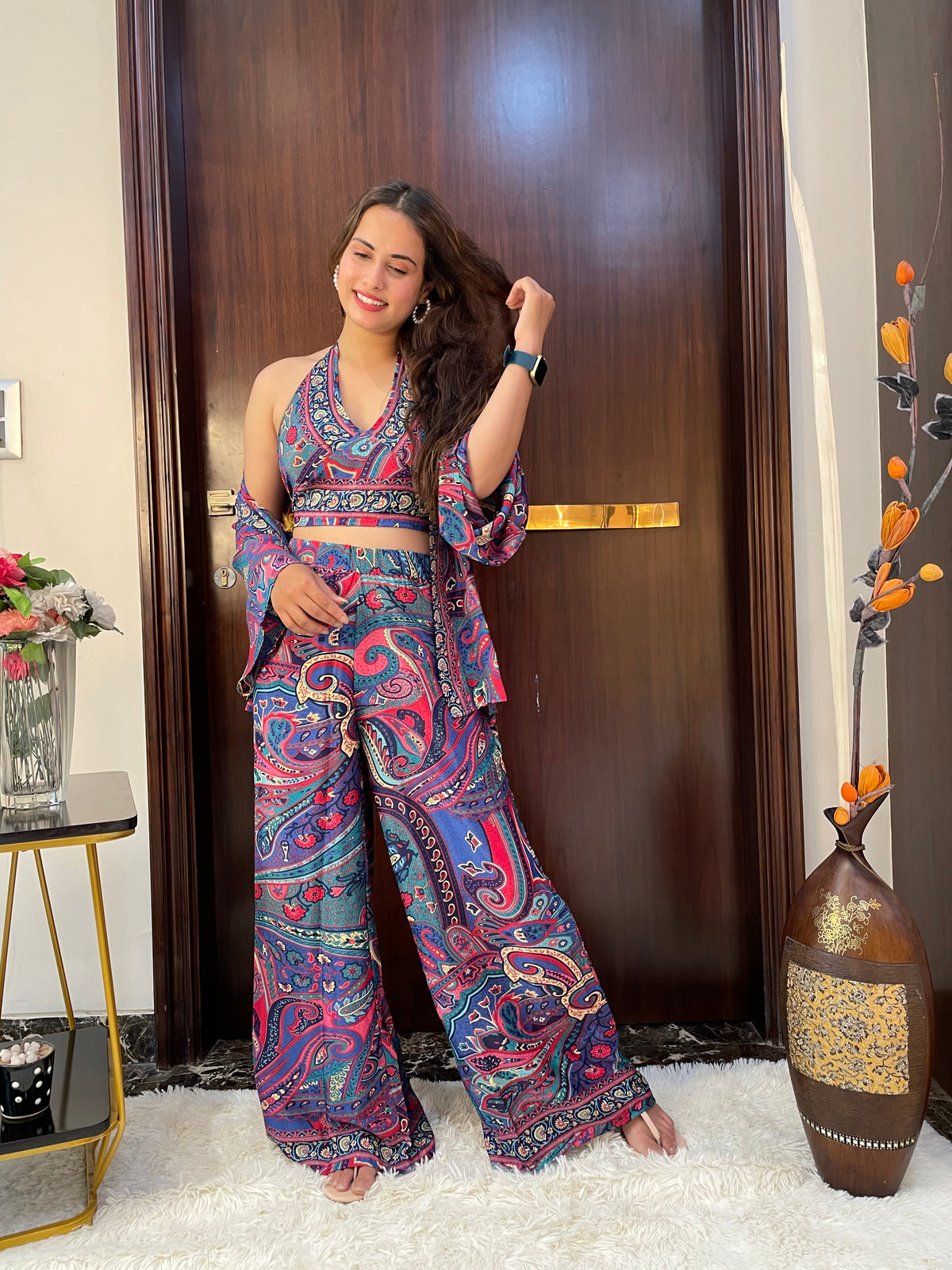 Boho Printed Bell Sleeves Kimono Coordinate Set - Royal Azure