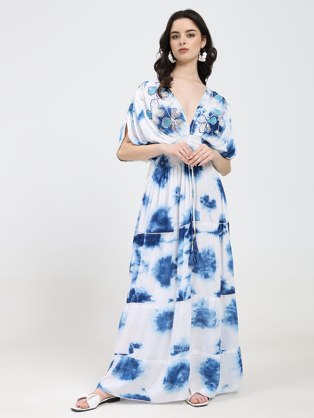 Balloon Pattern Embroidery Boho Printed Hand Work Maxi Dress -Sky High
