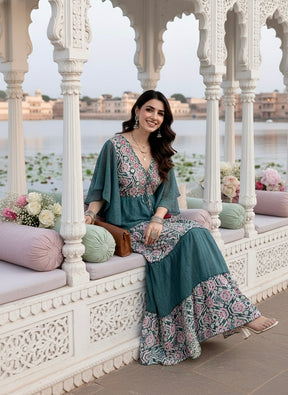 Boho Printed Embroidery Hand Work Butterfly sleeves maxi dress in Mystic Meadow