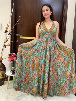 Halter Neck Multi Panel Boho printed Maxi Dress In Blue