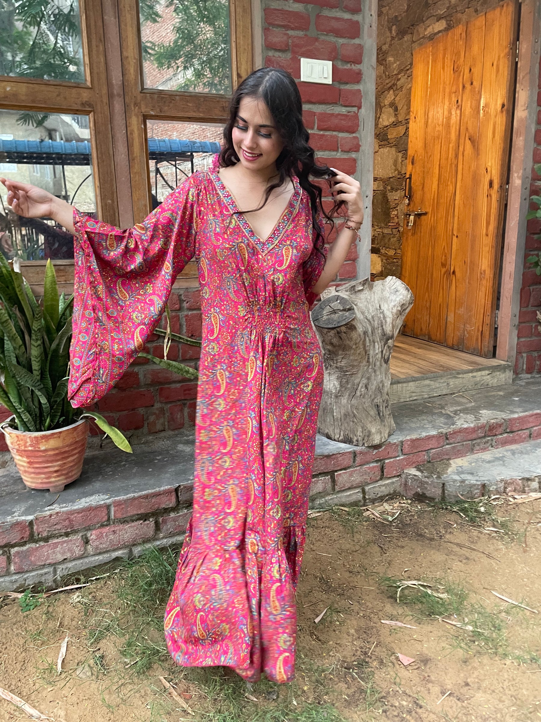 Embroidery Neckline Boho Printed Maxi Dress
