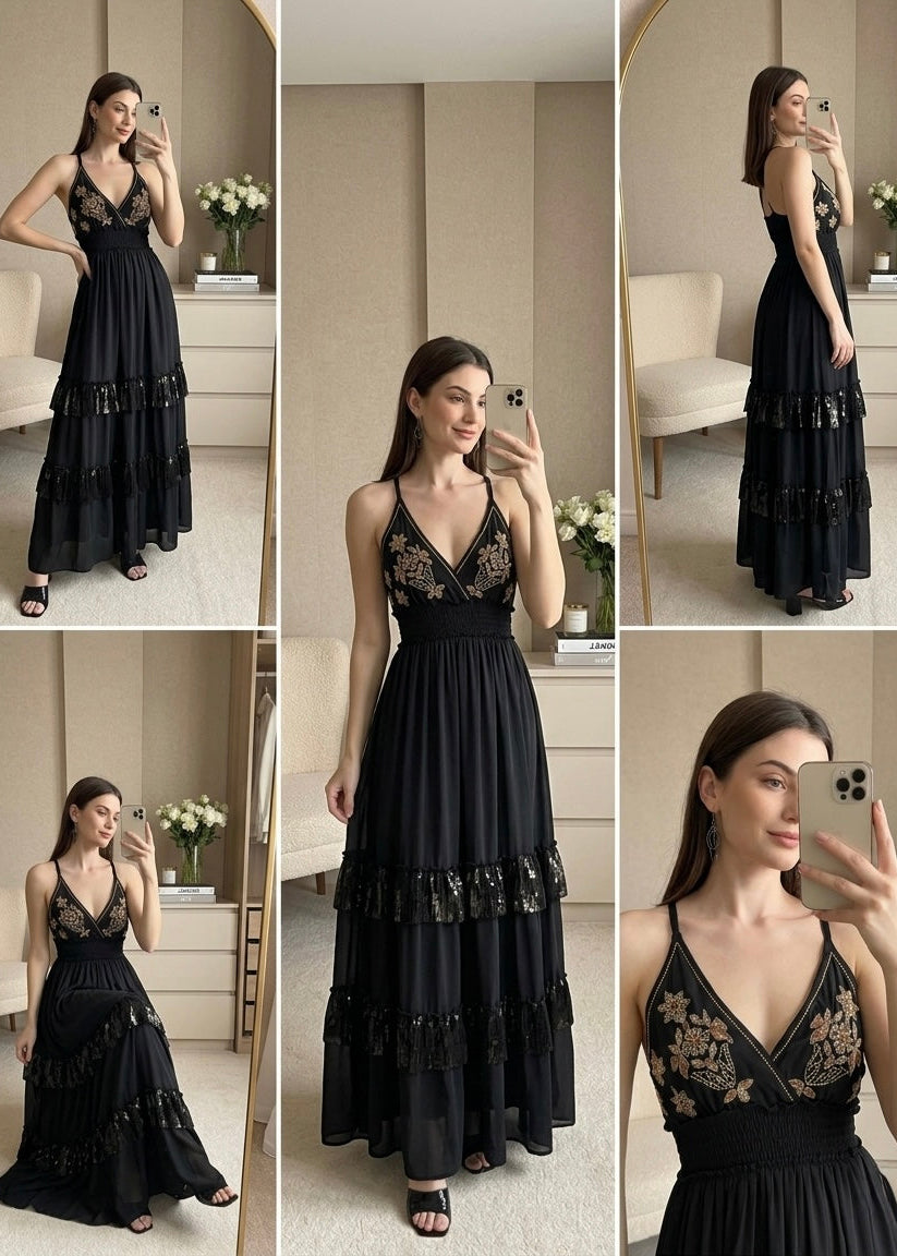 🔥Trending- V Neck Embroidery Hand Work Boho Printed Maxi Dress- Noir Luxe