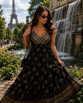 V Neck Embroidery Hand Work Boho Printed Maxi Dress- Black Fern Elegance