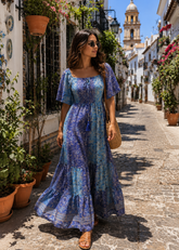 Elasticated Bust Boho Printed Maxi Dress -Blue Lagoon Dream