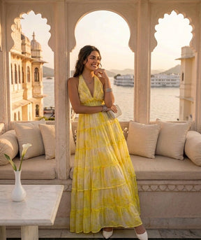 ⭐️Best Seller -Halter Neck Multi Panel Embroidery Hand Work Boho printed Maxi Dress in Lemon Glow