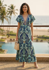 Embroidery V Neck Cotton Long Dress - Sapphire Bloom